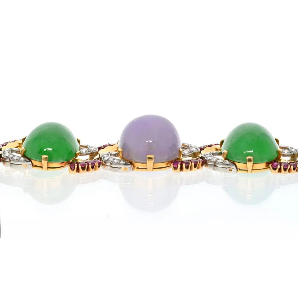 Platinum & 18K Yellow Gold Cabochon Oval Cut, Diamond And Ruby Bracelet - The Back Vault