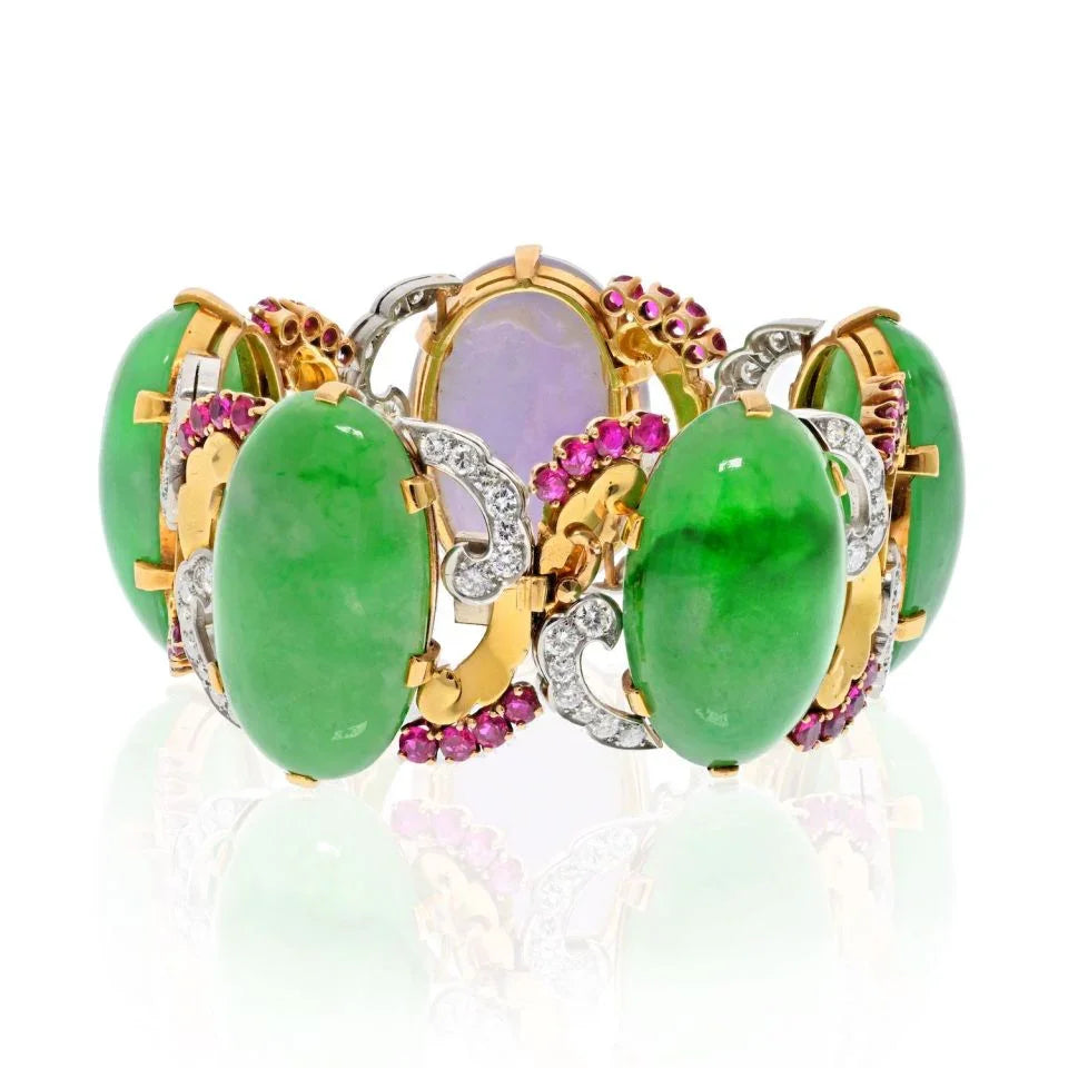 Platinum & 18K Yellow Gold Cabochon Oval Cut, Diamond And Ruby Bracelet - The Back Vault