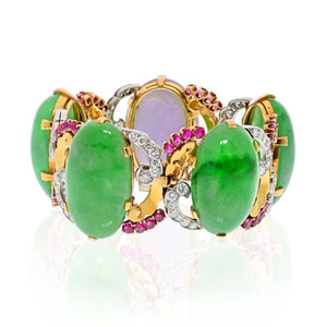 Platinum & 18K Yellow Gold Cabochon Oval Cut, Diamond And Ruby Bracelet