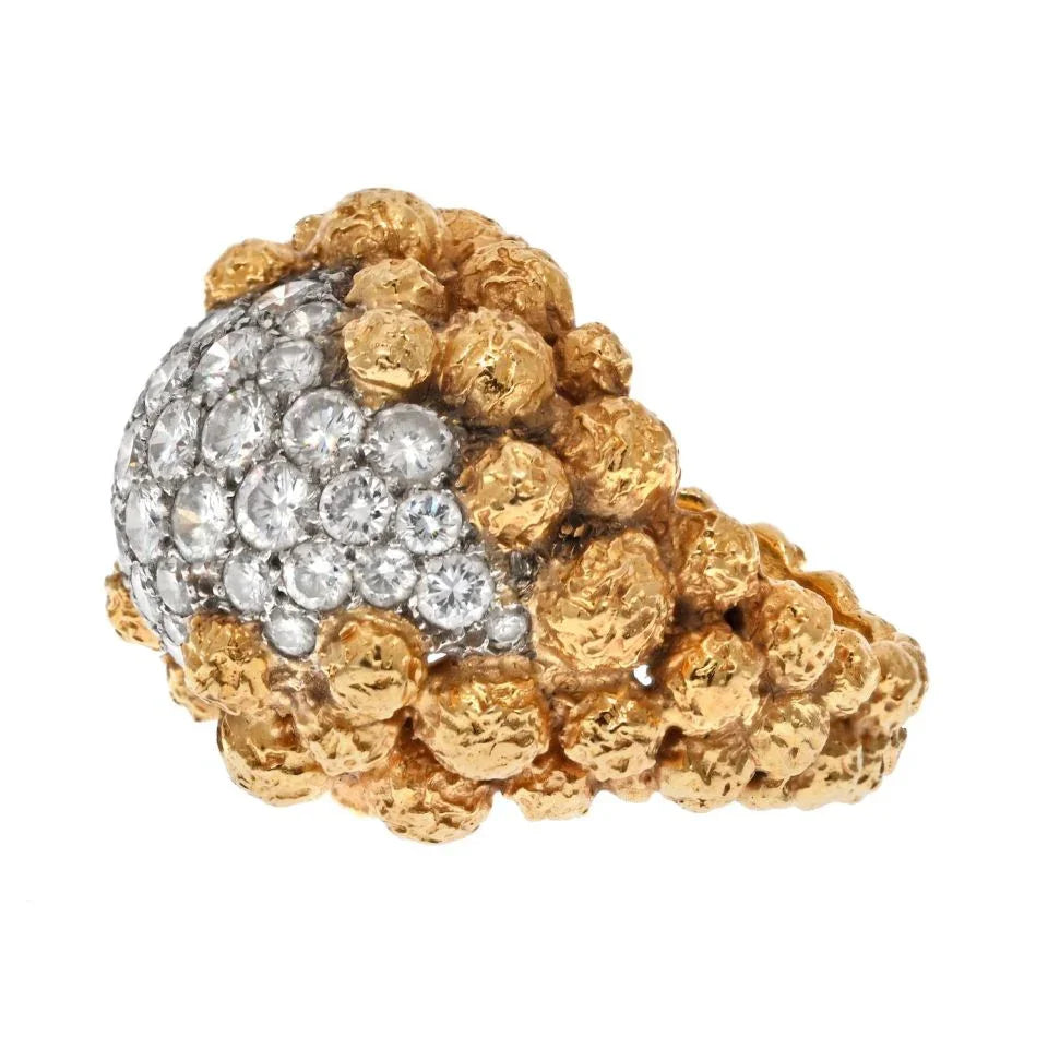 Van Cleef & Arpels 18K Yellow Gold Pave Diamond Cluster Textured Beaded Ring - The Back Vault
