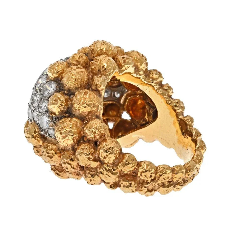 Van Cleef & Arpels 18K Yellow Gold Pave Diamond Cluster Textured Beaded Ring - The Back Vault