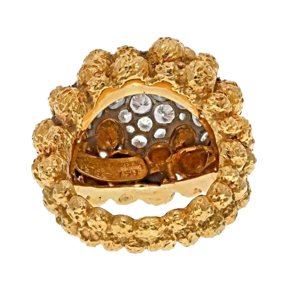 Van Cleef & Arpels 18K Yellow Gold Pave Diamond Cluster Textured Beaded Ring - The Back Vault