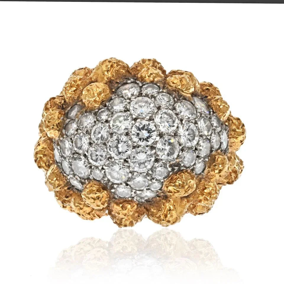 Van Cleef & Arpels 18K Yellow Gold Pave Diamond Cluster Textured Beaded Ring - The Back Vault