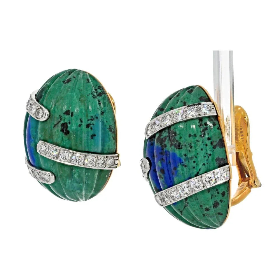 David Webb Platinum & 18K Yellow Gold Azurmalachite And Diamond Bombe Fluted Clip Earrings - The Back Vault