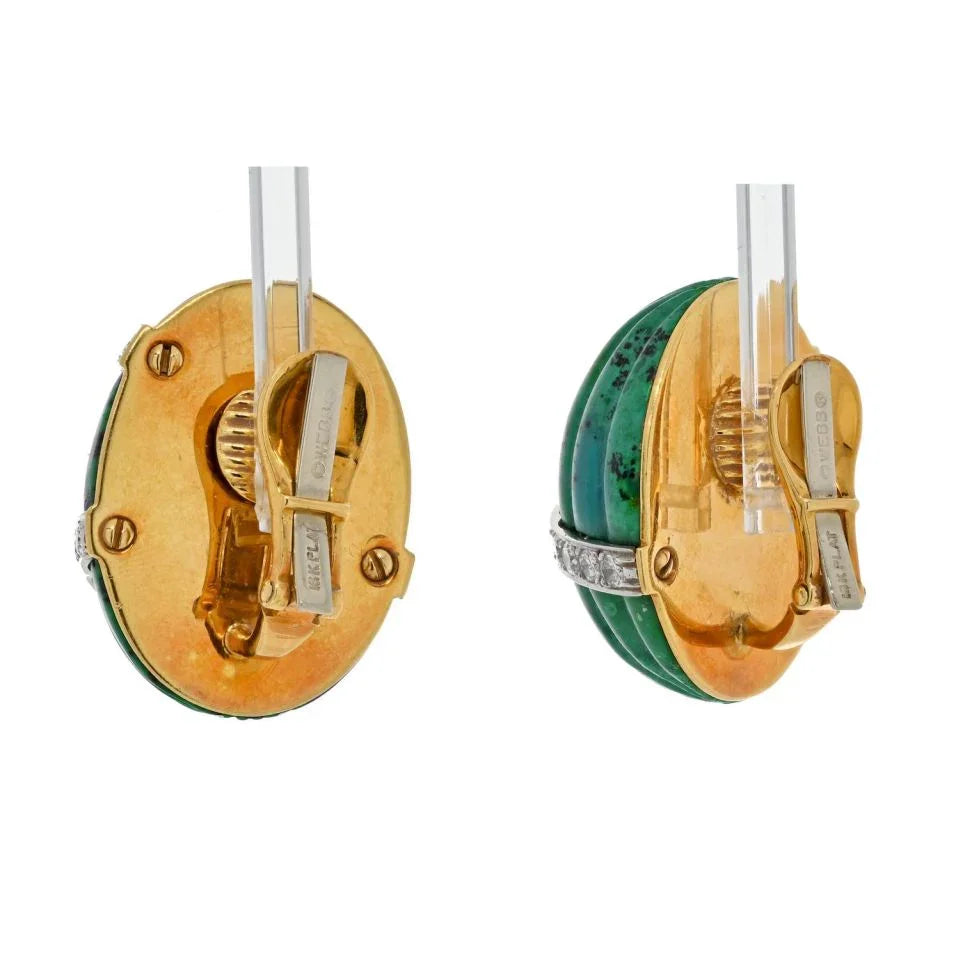 David Webb Platinum & 18K Yellow Gold Azurmalachite And Diamond Bombe Fluted Clip Earrings - The Back Vault