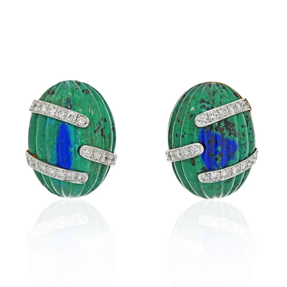 David Webb Platinum & 18K Yellow Gold Azurmalachite And Diamond Bombe Fluted Clip Earrings - The Back Vault