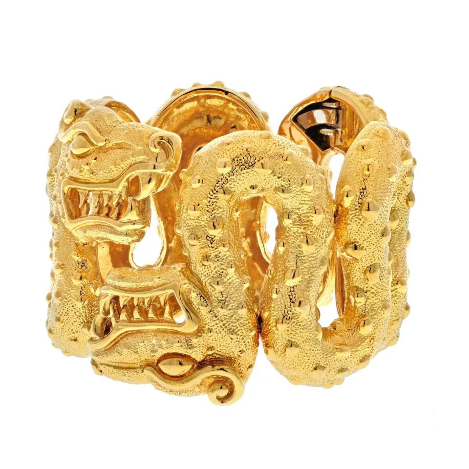David Webb 18K Yellow Gold Aztec Cuff Double Dragon Head Bracelet - The Back Vault