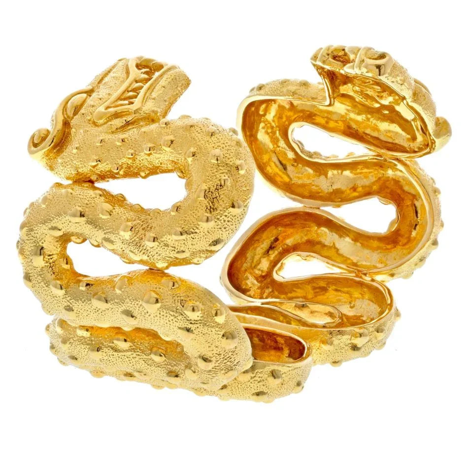 David Webb 18K Yellow Gold Aztec Cuff Double Dragon Head Bracelet - The Back Vault
