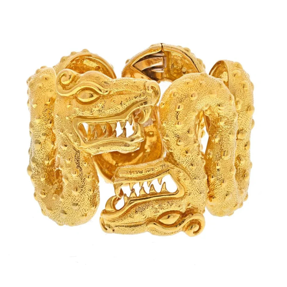 David Webb 18K Yellow Gold Aztec Cuff Double Dragon Head Bracelet - The Back Vault