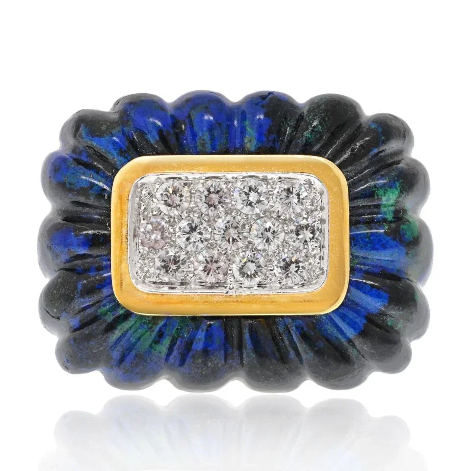 David Webb Platinum & 18K Yellow Gold Azurmalachite Fluted Diamond Ring - The Back Vault