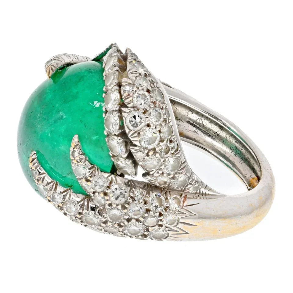 David Webb Platinum Cabochon Cut Green Emerald And Diamond Ring - The Back Vault