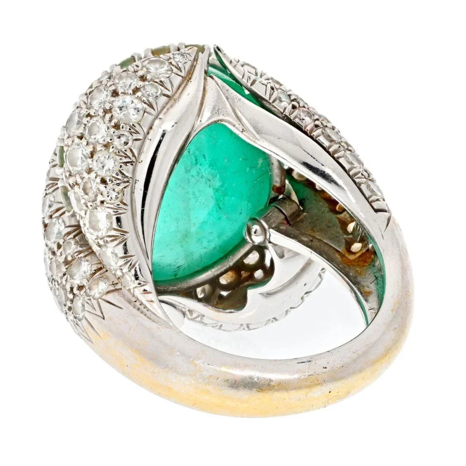 David Webb Platinum Cabochon Cut Green Emerald And Diamond Ring - The Back Vault