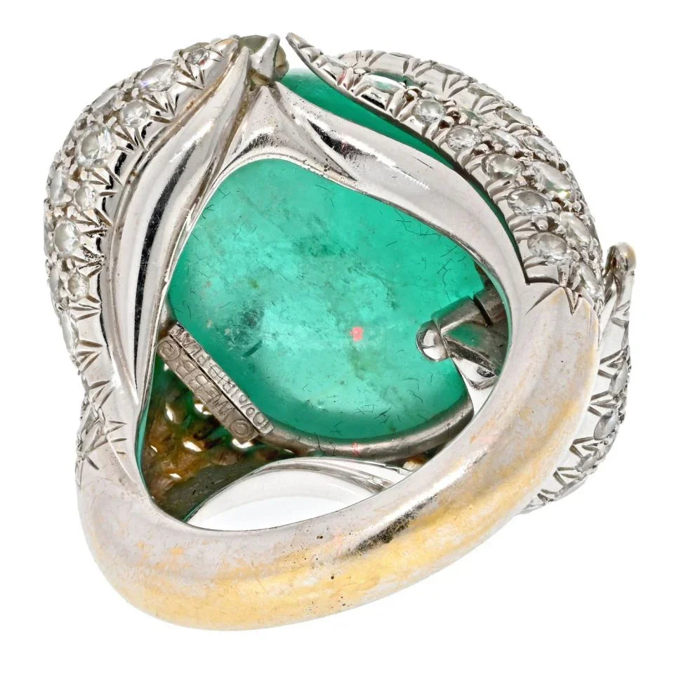 David Webb Platinum Cabochon Cut Green Emerald And Diamond Ring - The Back Vault
