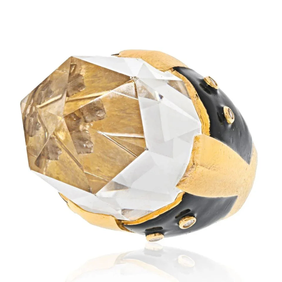 David Webb Platinum & 18K Yellow Gold Rock Crystal Black Enamel Diamond Ring - The Back Vault