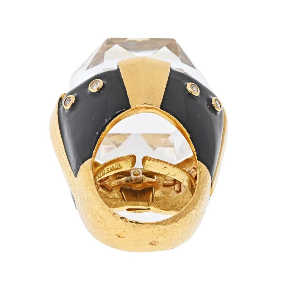 David Webb Platinum & 18K Yellow Gold Rock Crystal Black Enamel Diamond Ring - The Back Vault