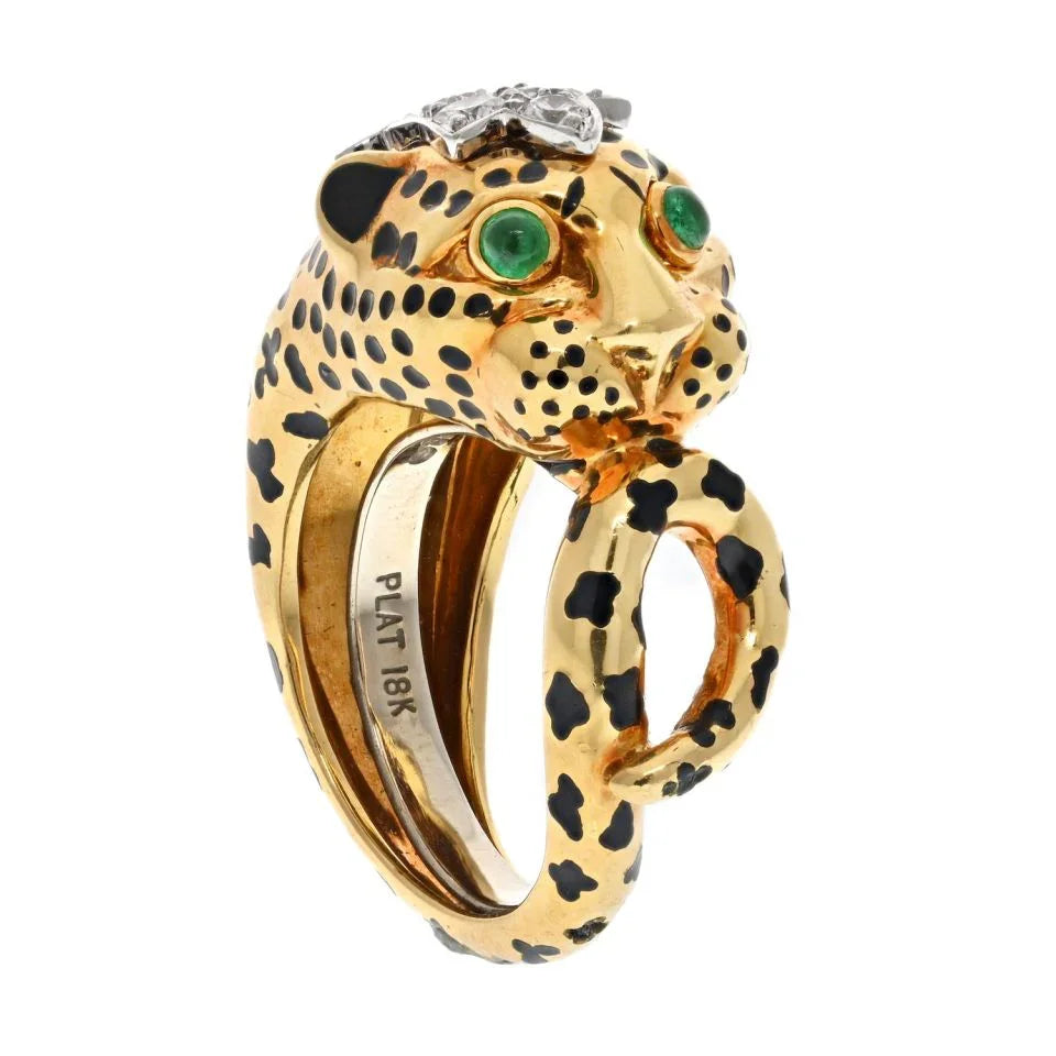 David Webb Platinum & 18K Yellow Gold Cute Diamond Leopard Ring - The Back Vault