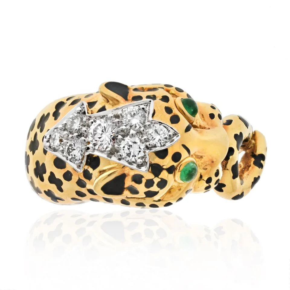 David Webb Platinum & 18K Yellow Gold Cute Diamond Leopard Ring - The Back Vault