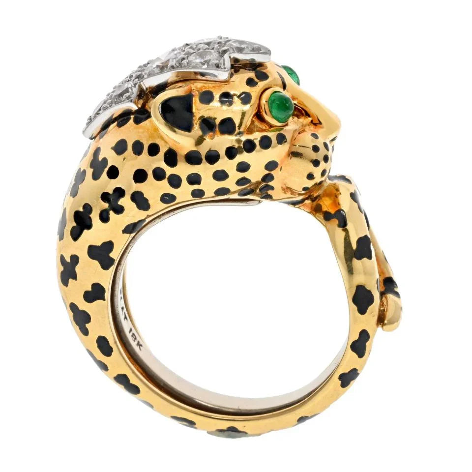 David Webb Platinum & 18K Yellow Gold Cute Diamond Leopard Ring - The Back Vault