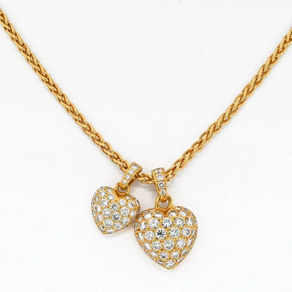 Cartier 18K Yellow Gold Two Diamond Heart Charms On A Chain Necklace - The Back Vault