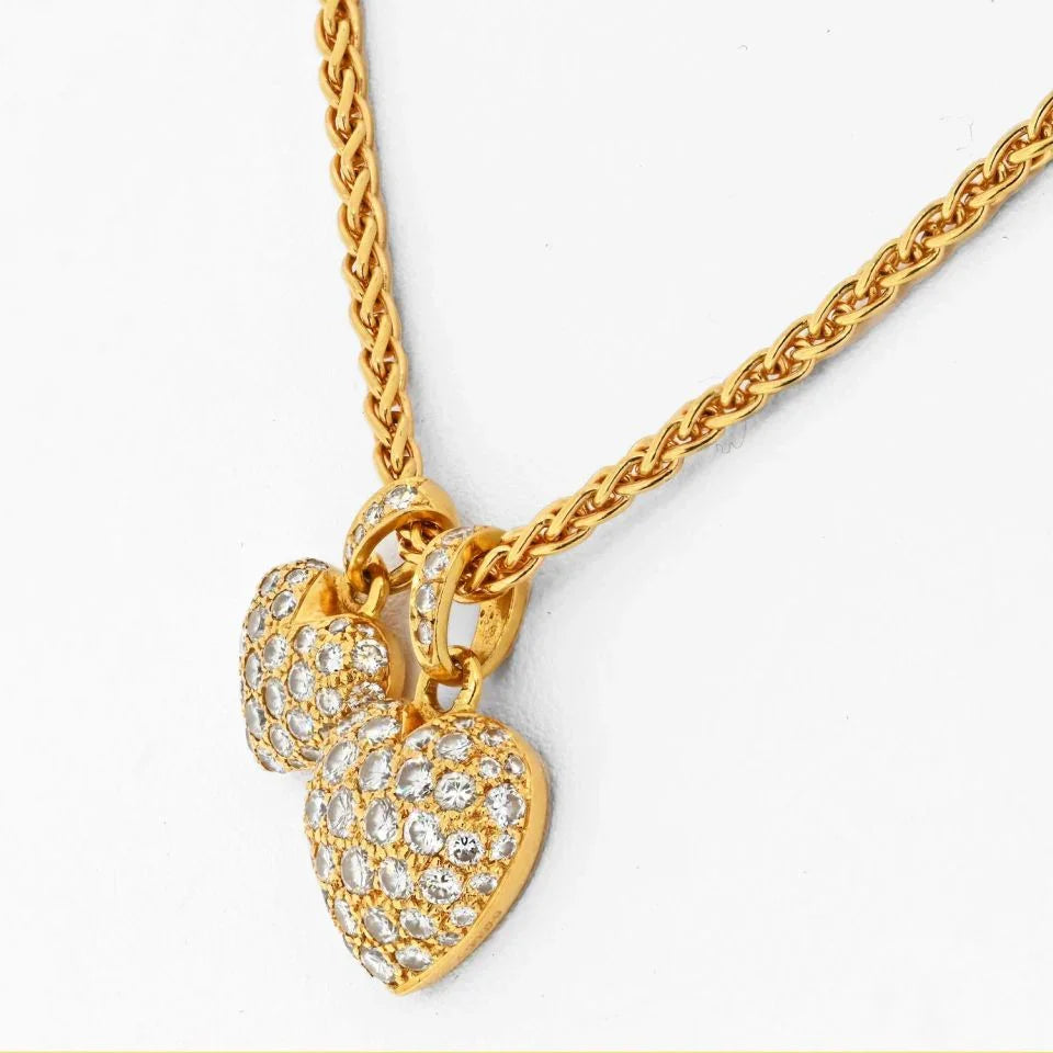 Cartier 18K Yellow Gold Two Diamond Heart Charms On A Chain Necklace - The Back Vault