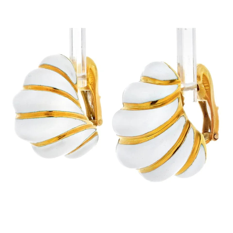 David Webb Platinum & 18K Yellow Gold Fluted White Enamel Shrimp Style Earrings - The Back Vault