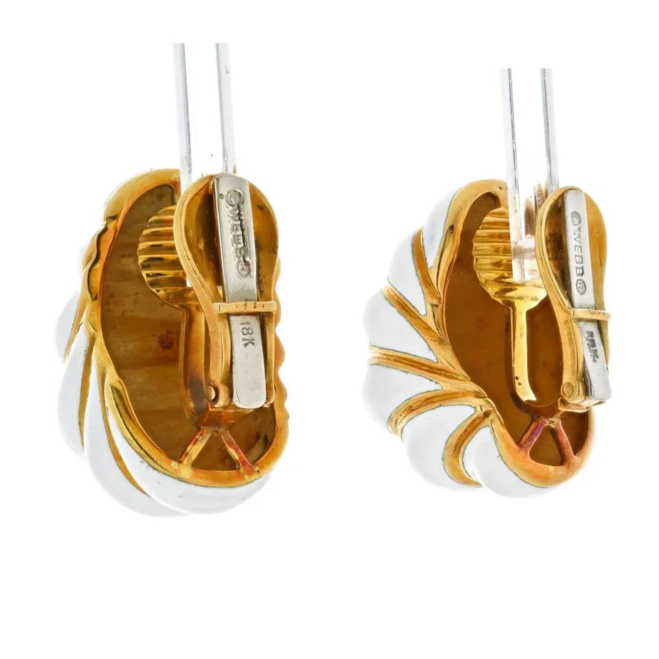 David Webb Platinum & 18K Yellow Gold Fluted White Enamel Shrimp Style Earrings - The Back Vault