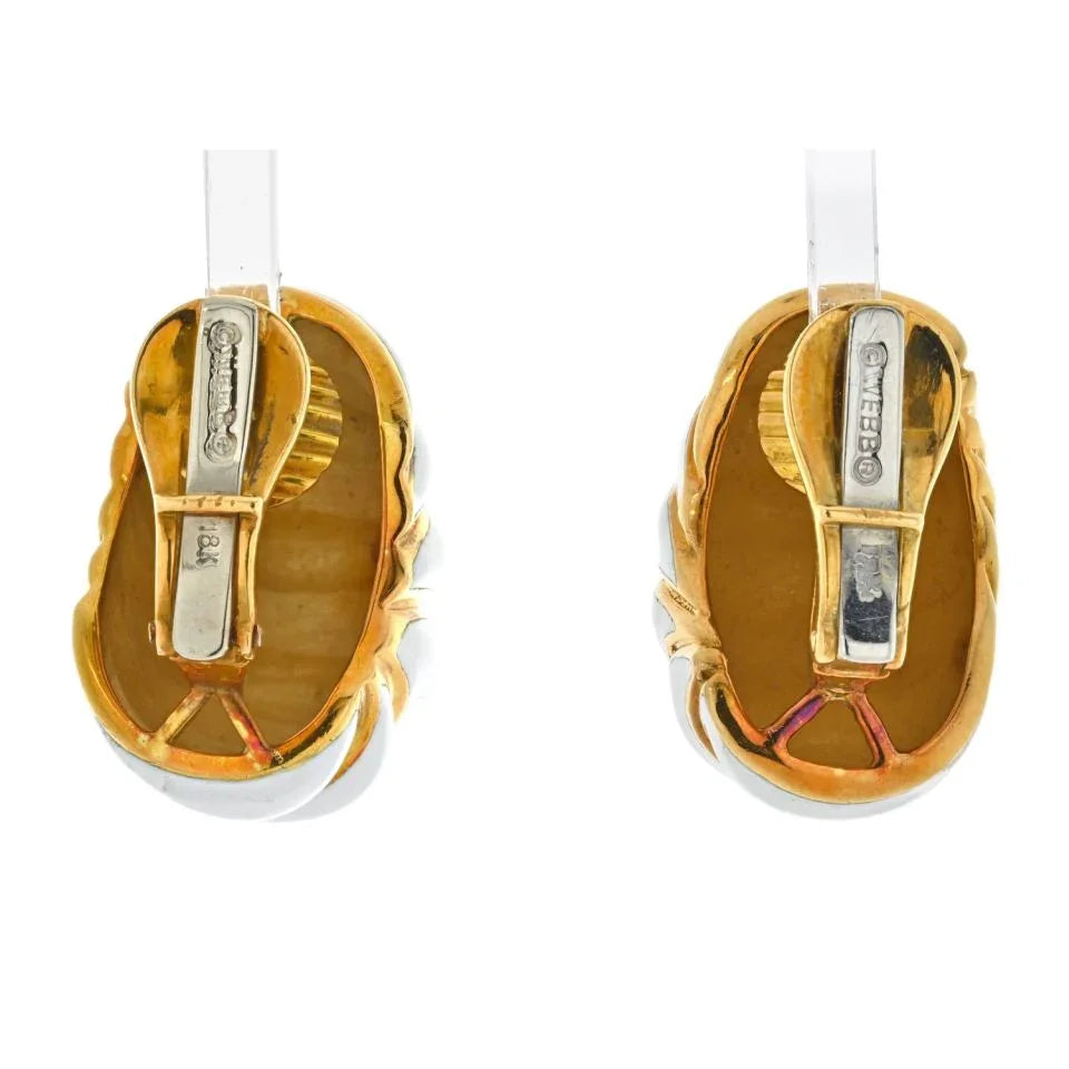 David Webb Platinum & 18K Yellow Gold Fluted White Enamel Shrimp Style Earrings - The Back Vault