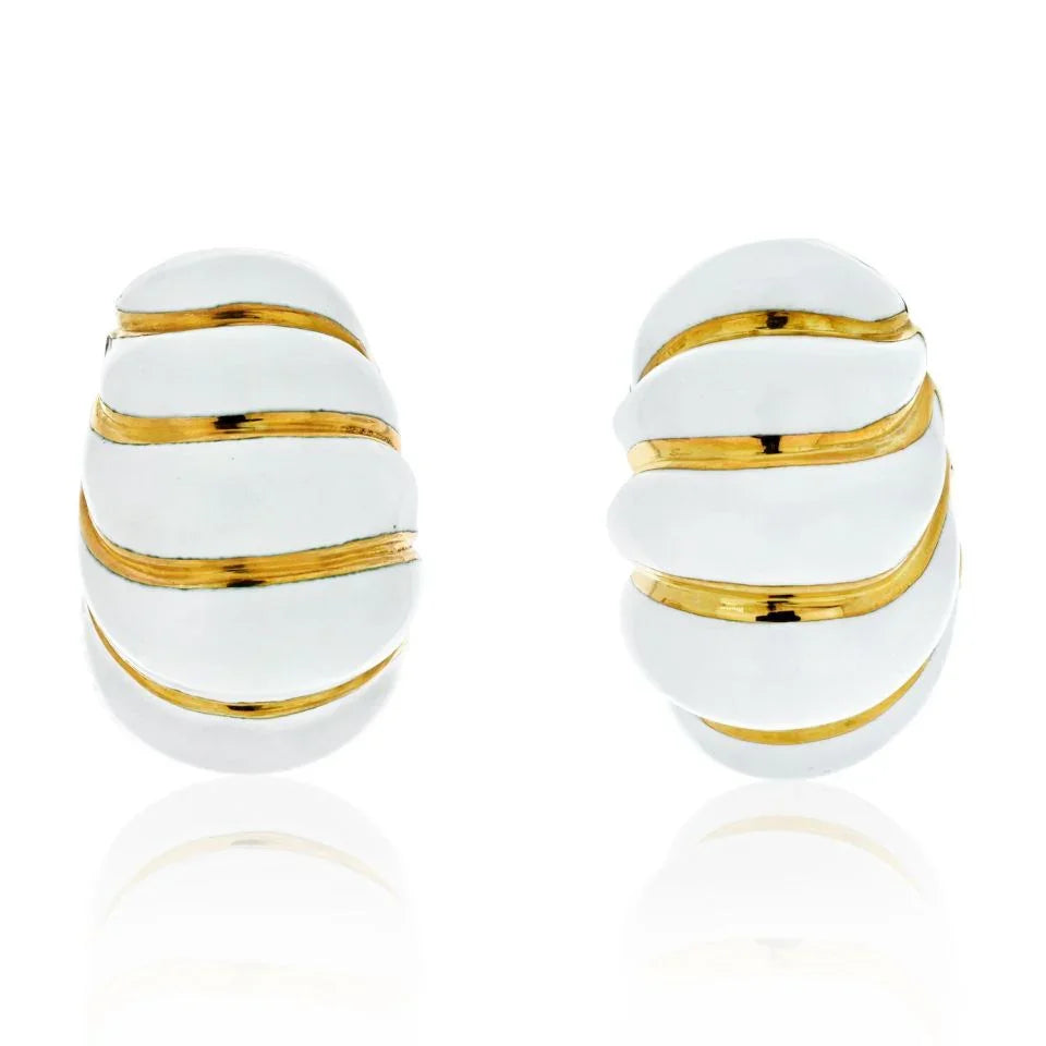 David Webb Platinum & 18K Yellow Gold Fluted White Enamel Shrimp Style Earrings - The Back Vault