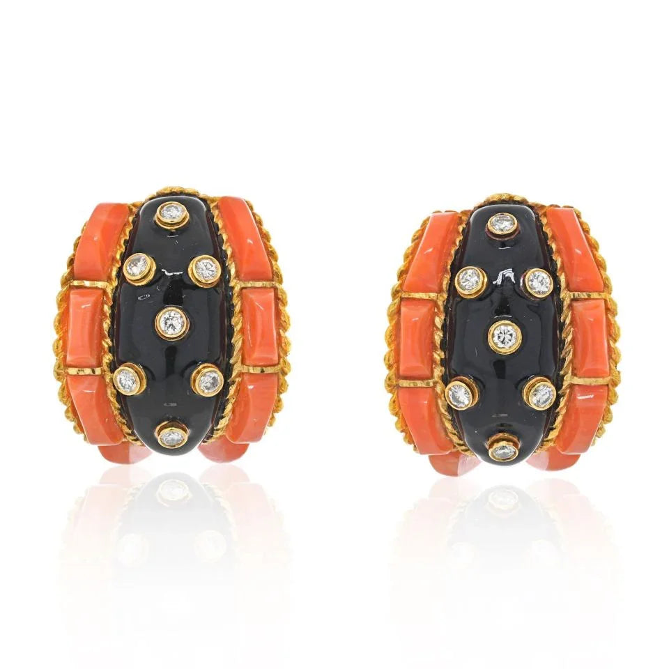David Webb Platinum & 18K Coral, Black Enamel And Diamond Earrings - The Back Vault