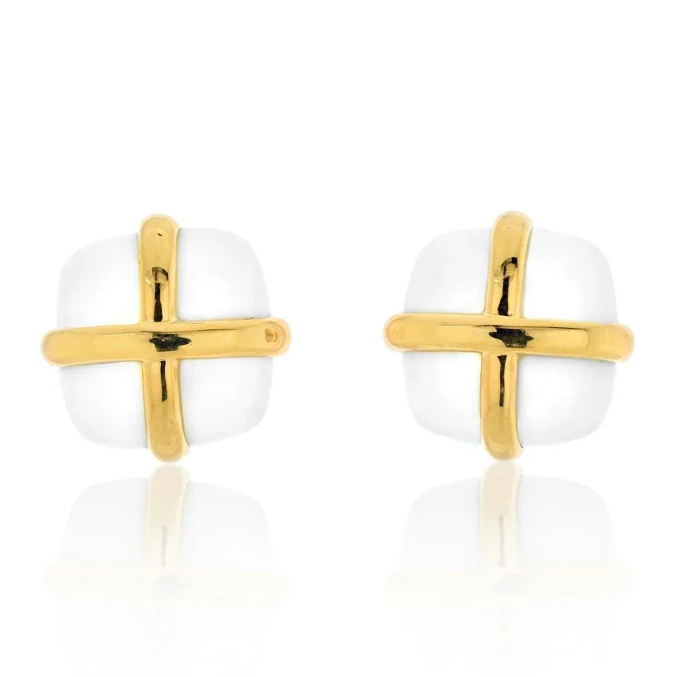David Webb Platinum & 18K Yellow Gold White Jasper Earrings - The Back Vault