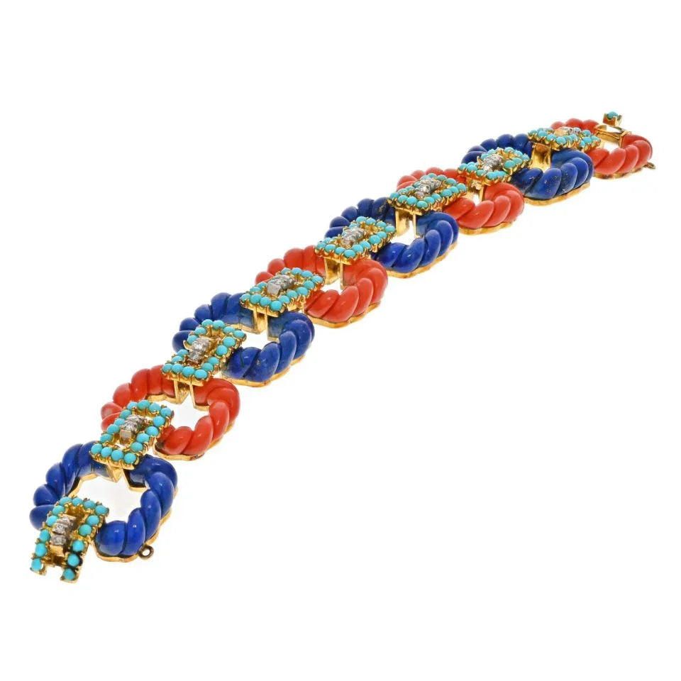 14K Yellow Gold 1960's Turquoise Lapis Coral Bracelet - The Back Vault