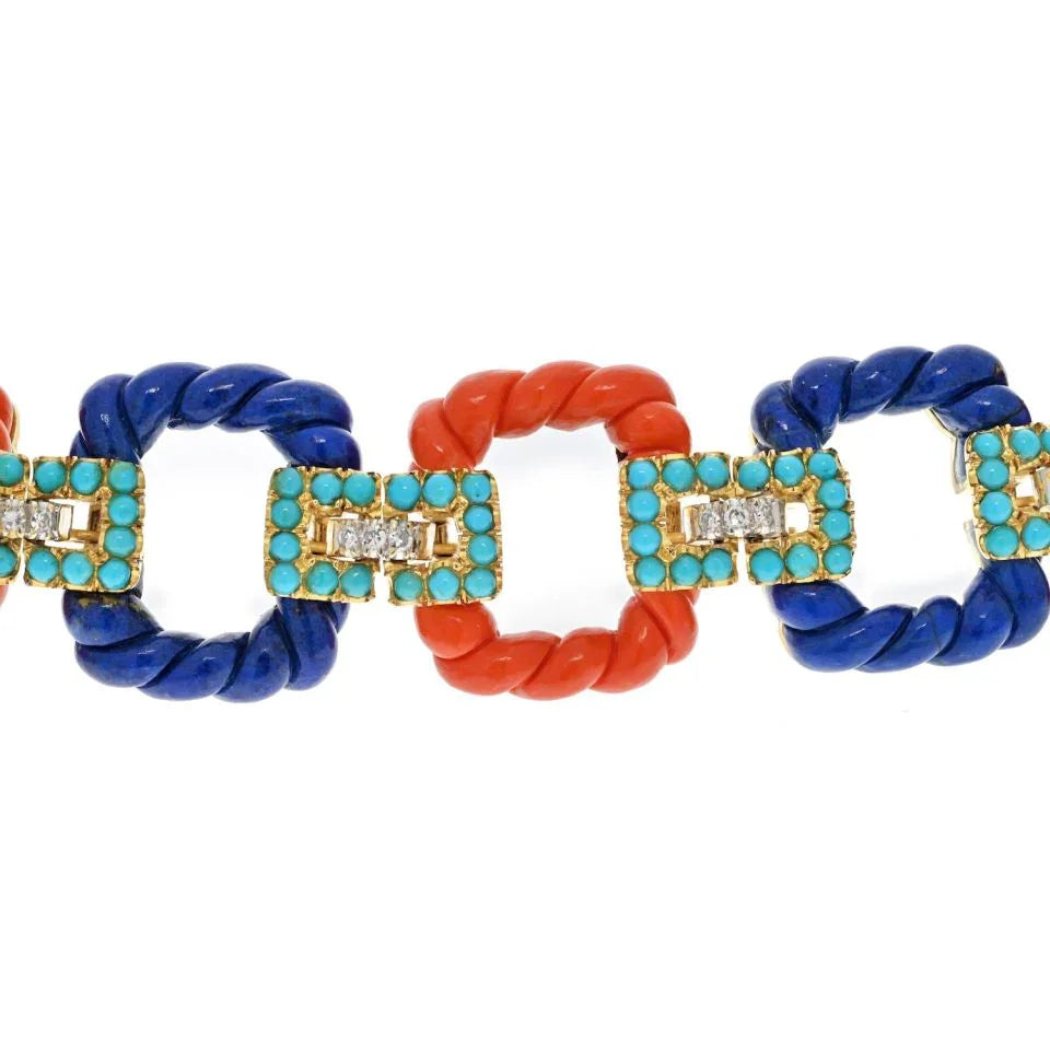 14K Yellow Gold 1960's Turquoise Lapis Coral Bracelet - The Back Vault
