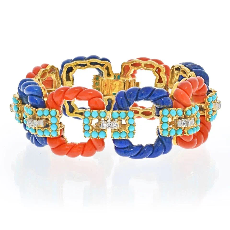 14K Yellow Gold 1960's Turquoise Lapis Coral Bracelet - The Back Vault