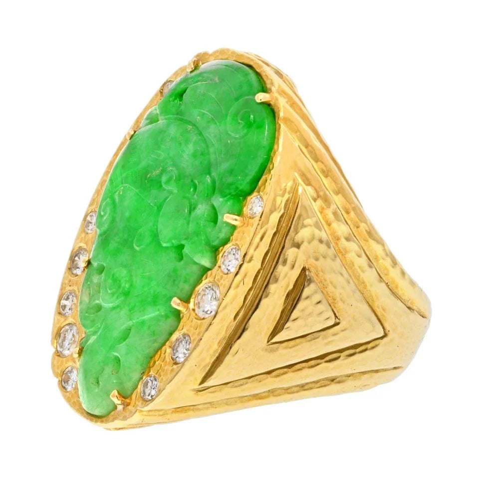 David Webb Platinum & 18K Yellow Gold Jade Diamond Hammered Ring - The Back Vault