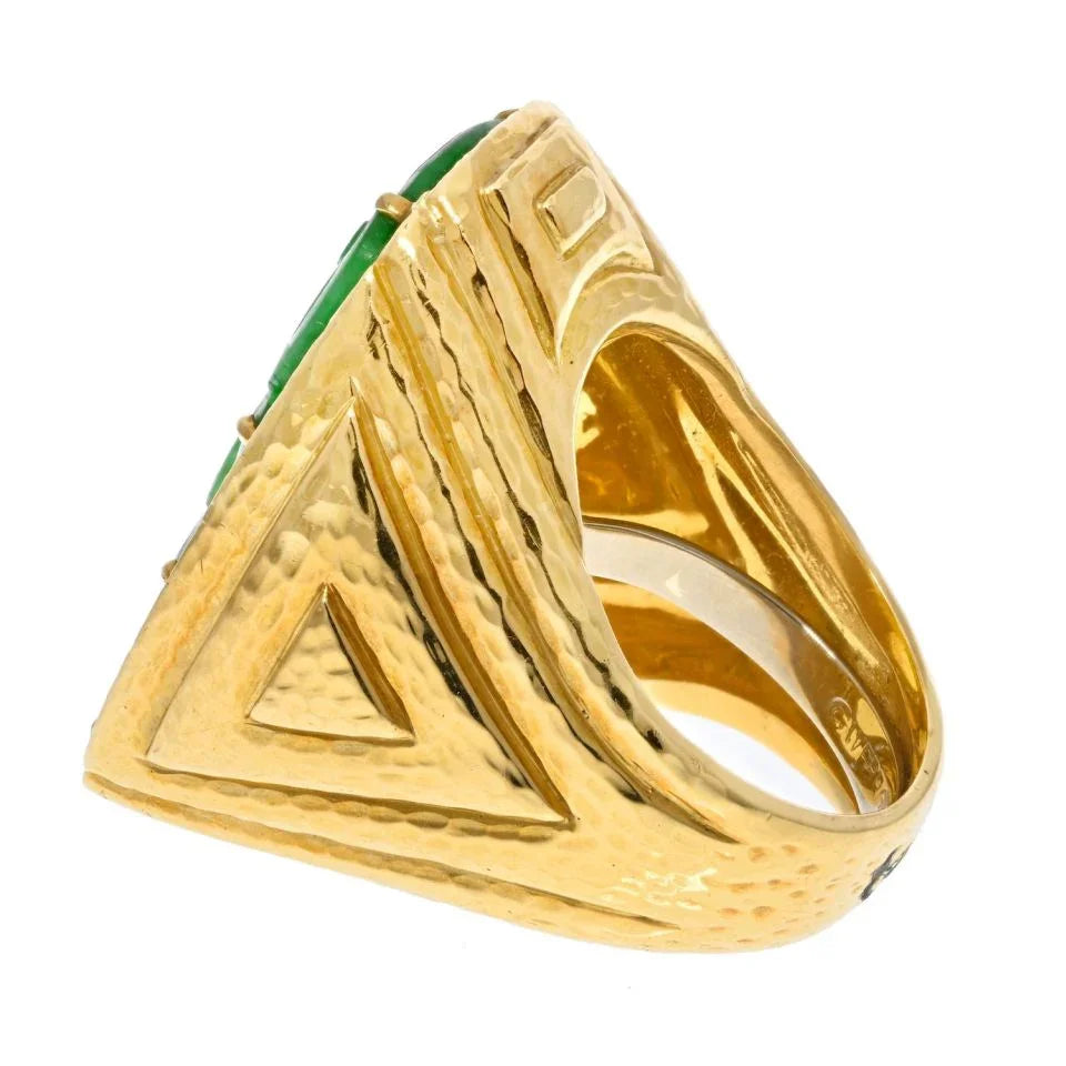 David Webb Platinum & 18K Yellow Gold Jade Diamond Hammered Ring - The Back Vault
