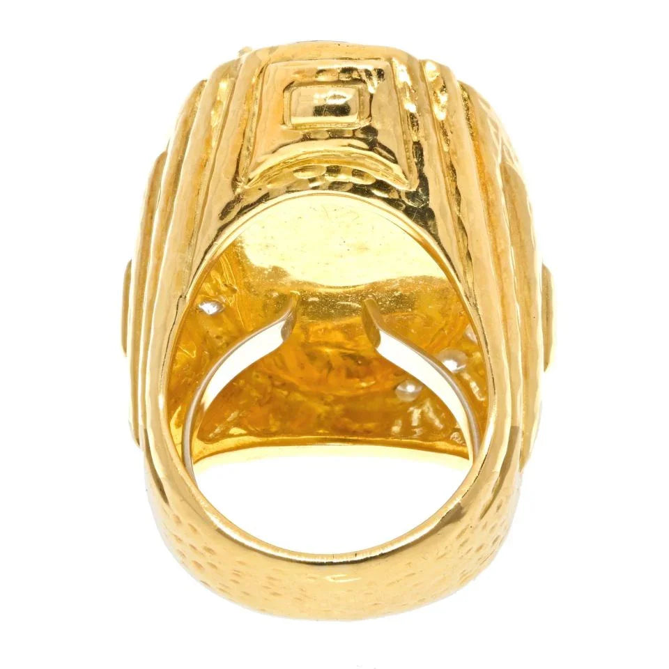 David Webb Platinum & 18K Yellow Gold Jade Diamond Hammered Ring - The Back Vault