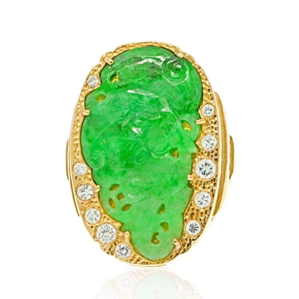 David Webb Platinum & 18K Yellow Gold Jade Diamond Hammered Ring - The Back Vault