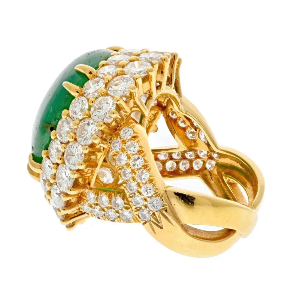 David Webb 18K Yellow Gold Cabochon Emerald Diamond Ring - The Back Vault