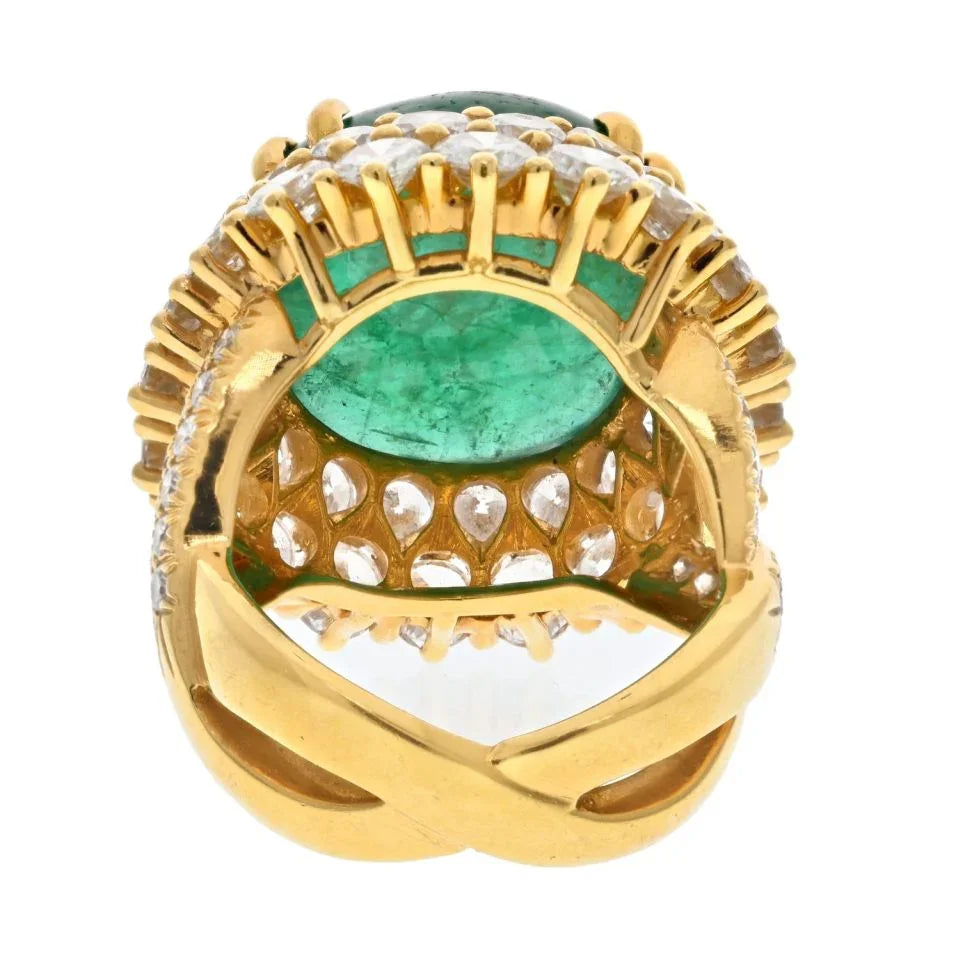 David Webb 18K Yellow Gold Cabochon Emerald Diamond Ring - The Back Vault