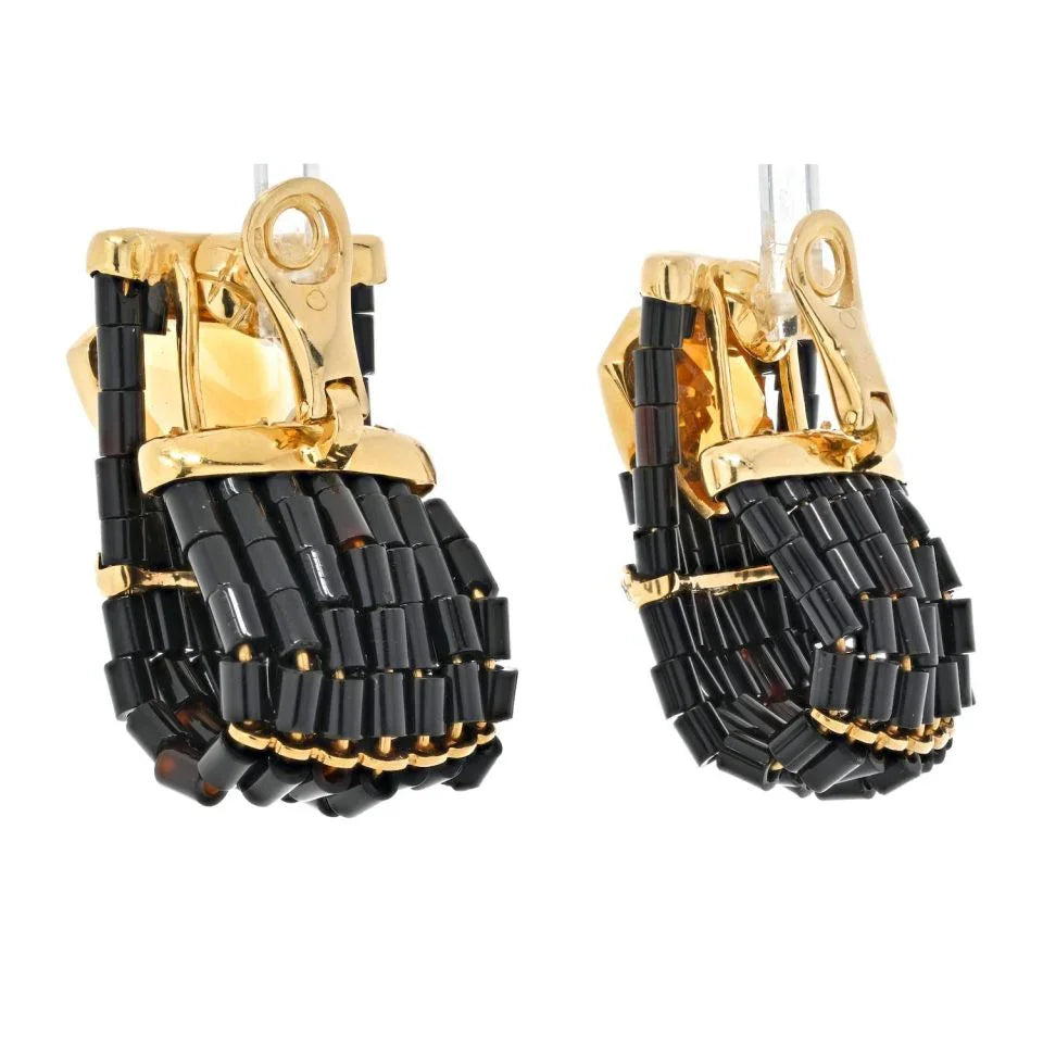 18K Yellow Gold Black Enamel Citrine Diamond Earrings - The Back Vault