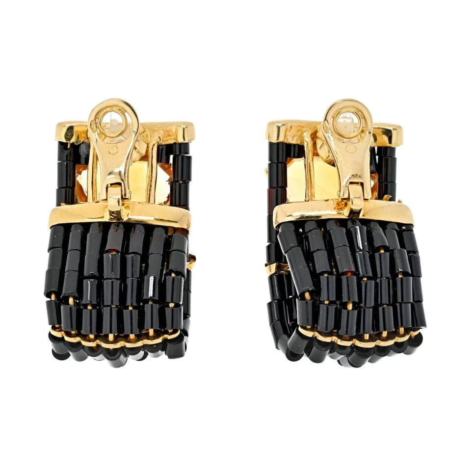 18K Yellow Gold Black Enamel Citrine Diamond Earrings - The Back Vault