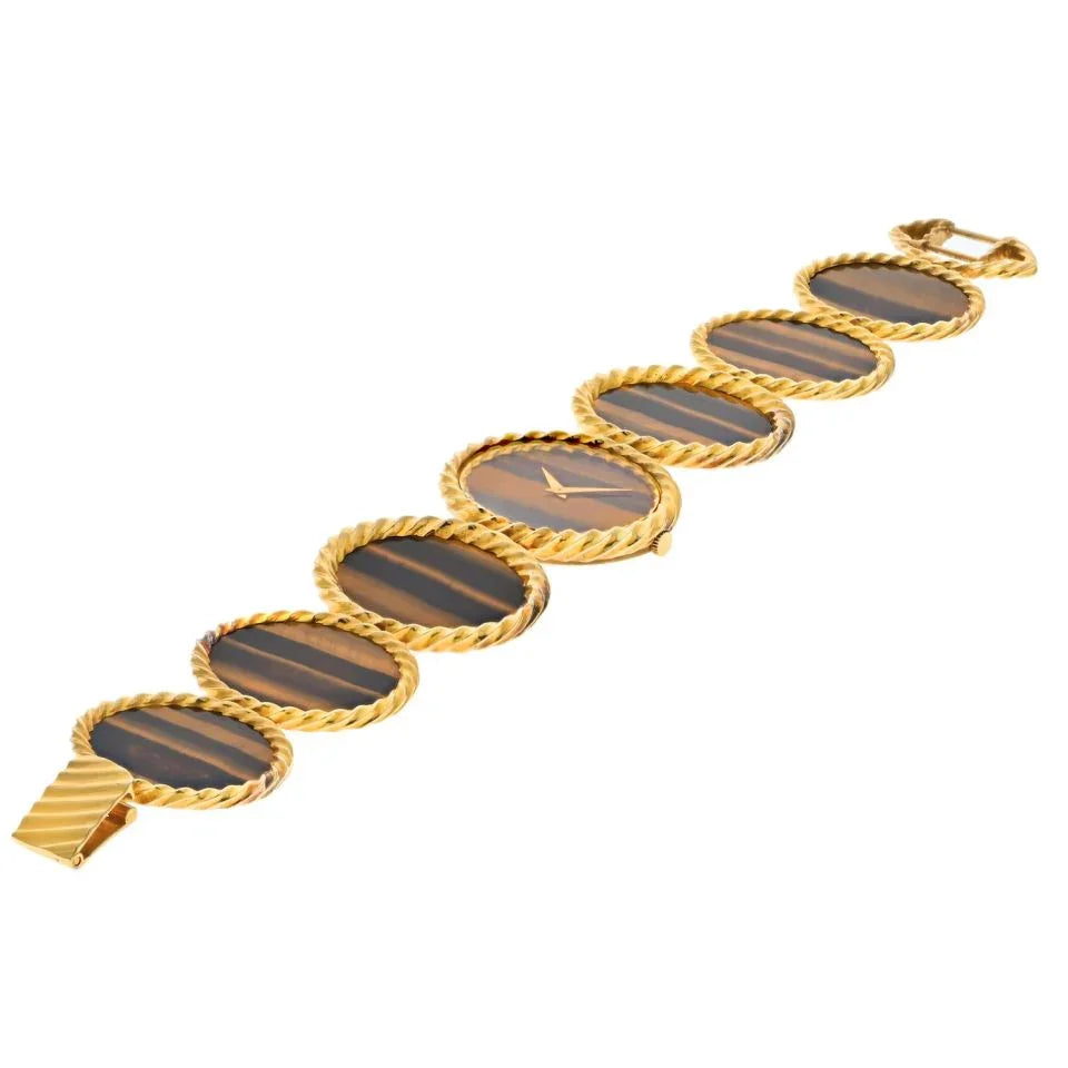 Piaget 18K Yellow Gold 1970's Tiger Eye Oval Link Women Watch - The Back Vault