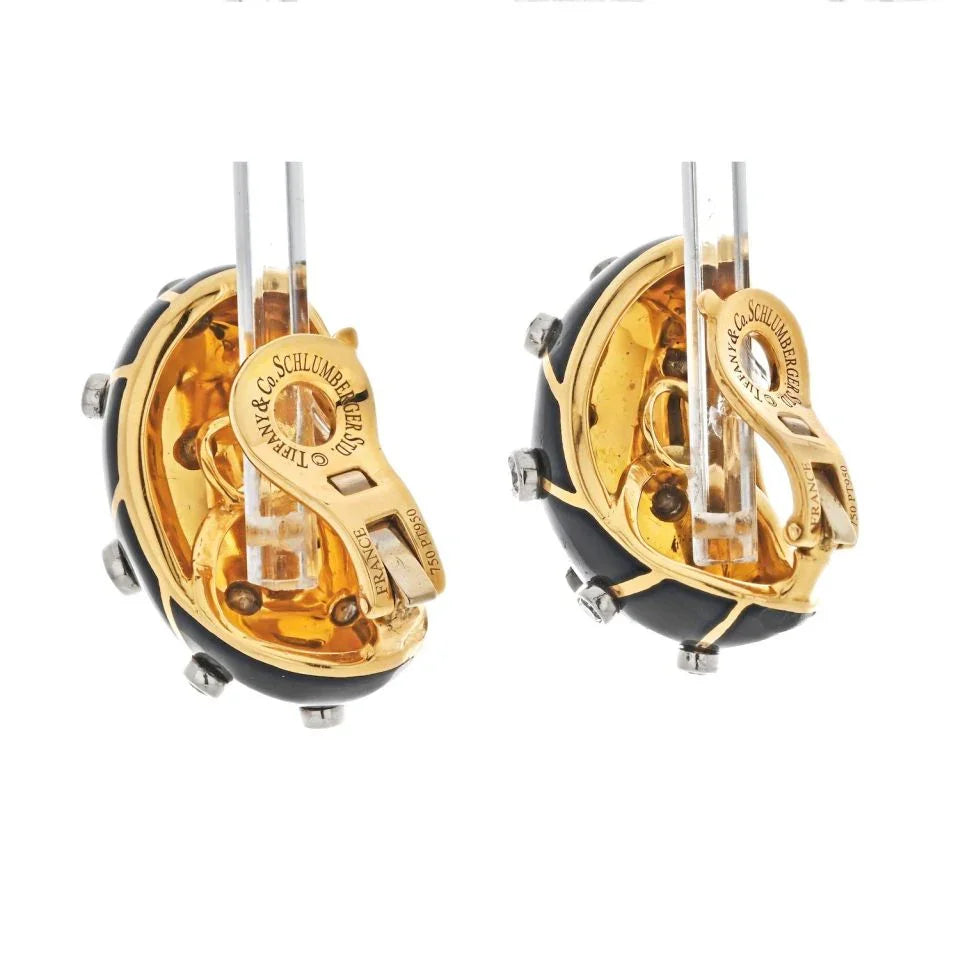 Tiffany & Co. Schlumberger Platinum & 18K Yellow Gold Enamel Diamond Banana Earrings - The Back Vault