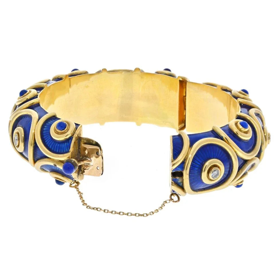 18K Yellow Gold Blue Enamel And Diamond Bracelet - The Back Vault