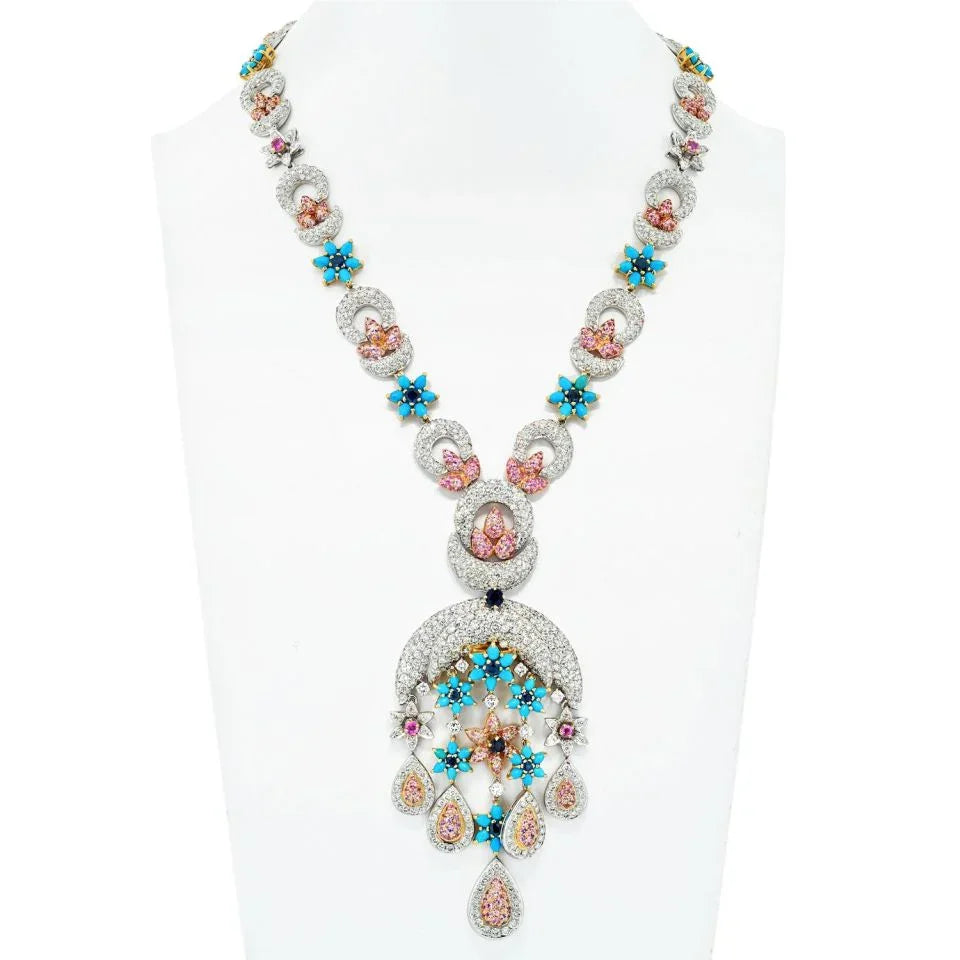 18K Two Tone Turquoise, Diamond Flower Motif Moon Necklace - The Back Vault
