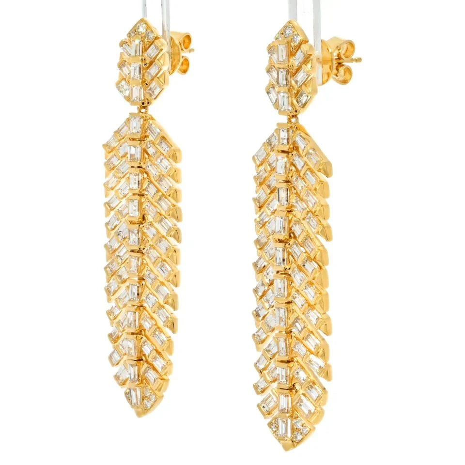 18K Yellow Gold 7.15 cttw Diamond Feather Drop Dangling Earrings - The Back Vault