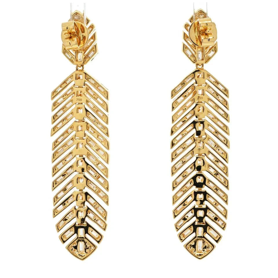 18K Yellow Gold 7.15 cttw Diamond Feather Drop Dangling Earrings - The Back Vault