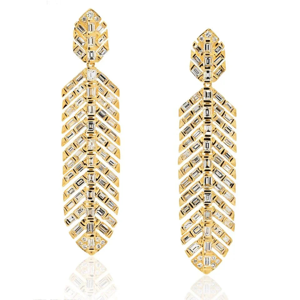 18K Yellow Gold 7.15 cttw Diamond Feather Drop Dangling Earrings - The Back Vault