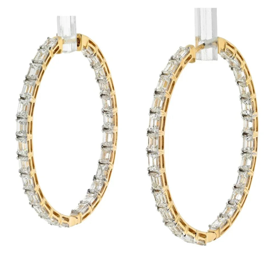 14K Yellow Gold 7.50cttw 4cm Emerald Cut Diamond Inside Out Hoop Earrings - The Back Vault