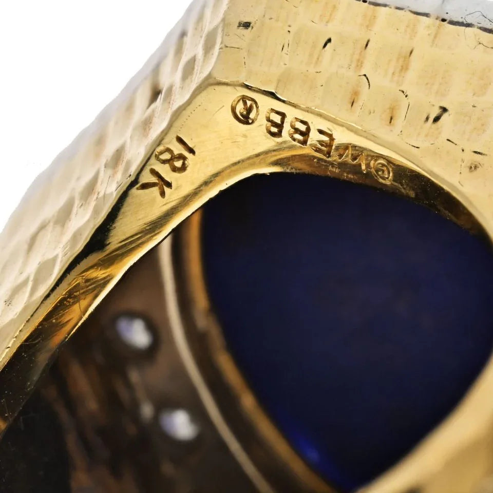 David Webb Platinum & 18K Yellow Gold Hammered Finish, Carved Lapis And Diamond Frame Ring - The Back Vault
